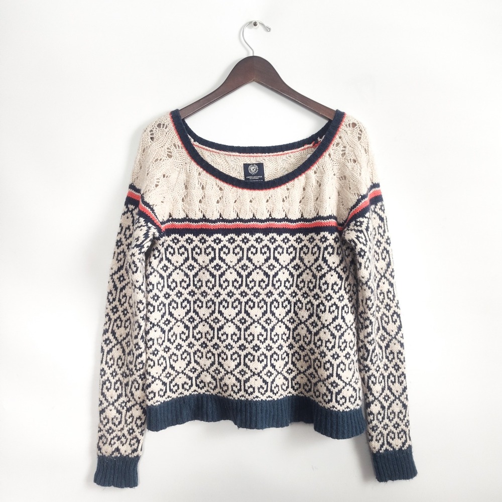 American Eagle Outfitters Sweater Large Wool Alpaca Fair Isle Knit Cream Navy‎